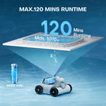 With a 3-hour charge, Cyber 1200 offers up to 120 minutes of use per full charge, allowing for three full cleanings a day. It can clean large semi-above or inground flat-bottomed pools with up to 1,076 square feet and a maximum depth of 6.56 feet.