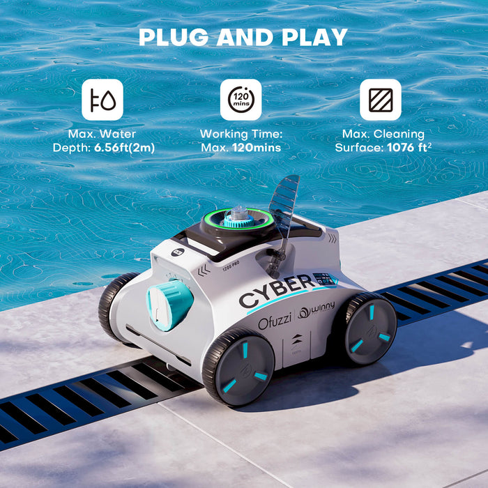 With simple plug and play, you can enjoy a Maximum water depth 6.56ft, and a surface maximum 1,076ft² pool to be cleaned effortlessly by Ofuzzi Cyber 1200 Pro. 